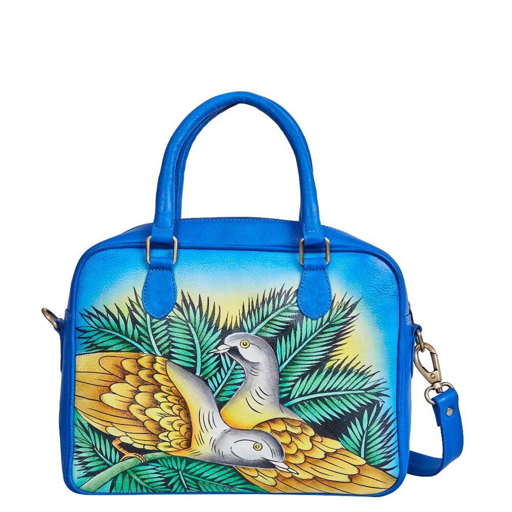 Leather Hand-Painted Blue Ladies' Top Handle Handbag, Crossbody Sling Bag, Purse